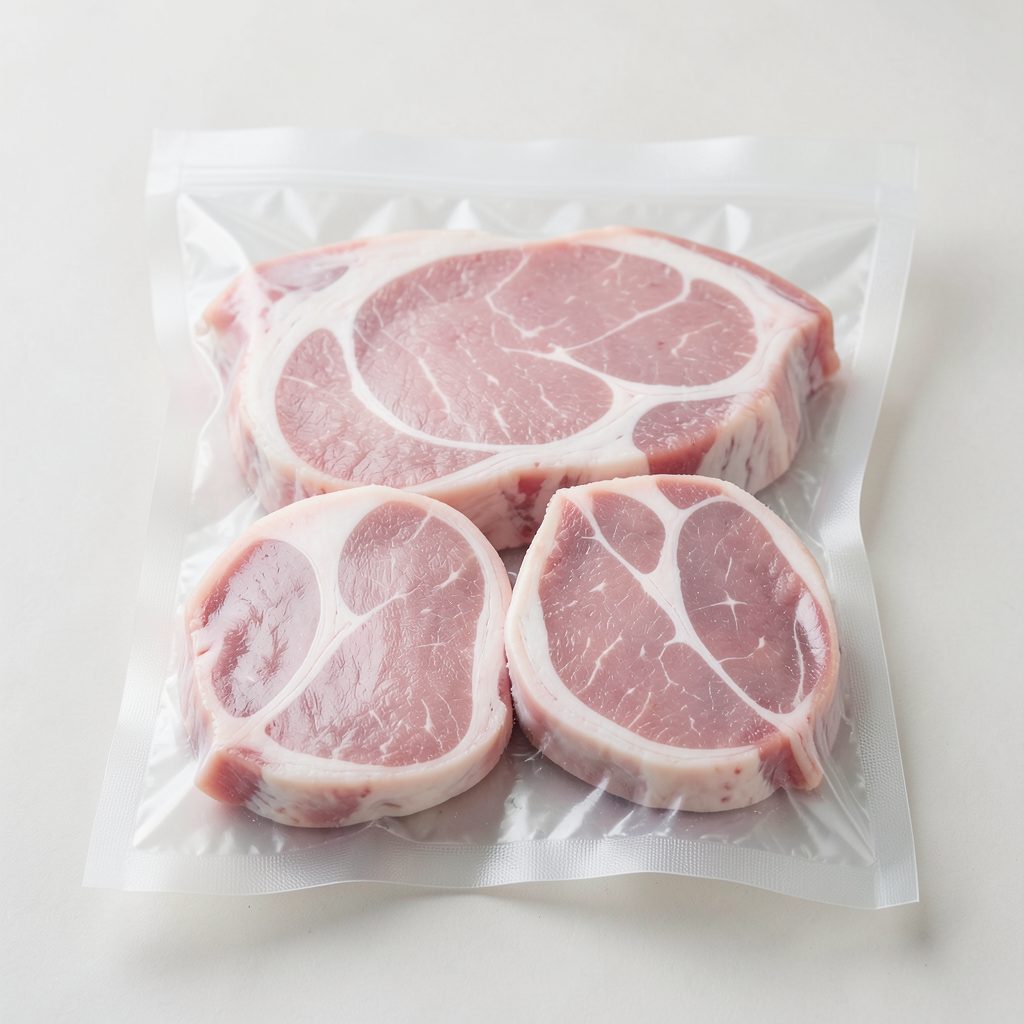 Frozen pork cuts in vacuum packaging, pale pink meat with white fat marbling, clean presentation
