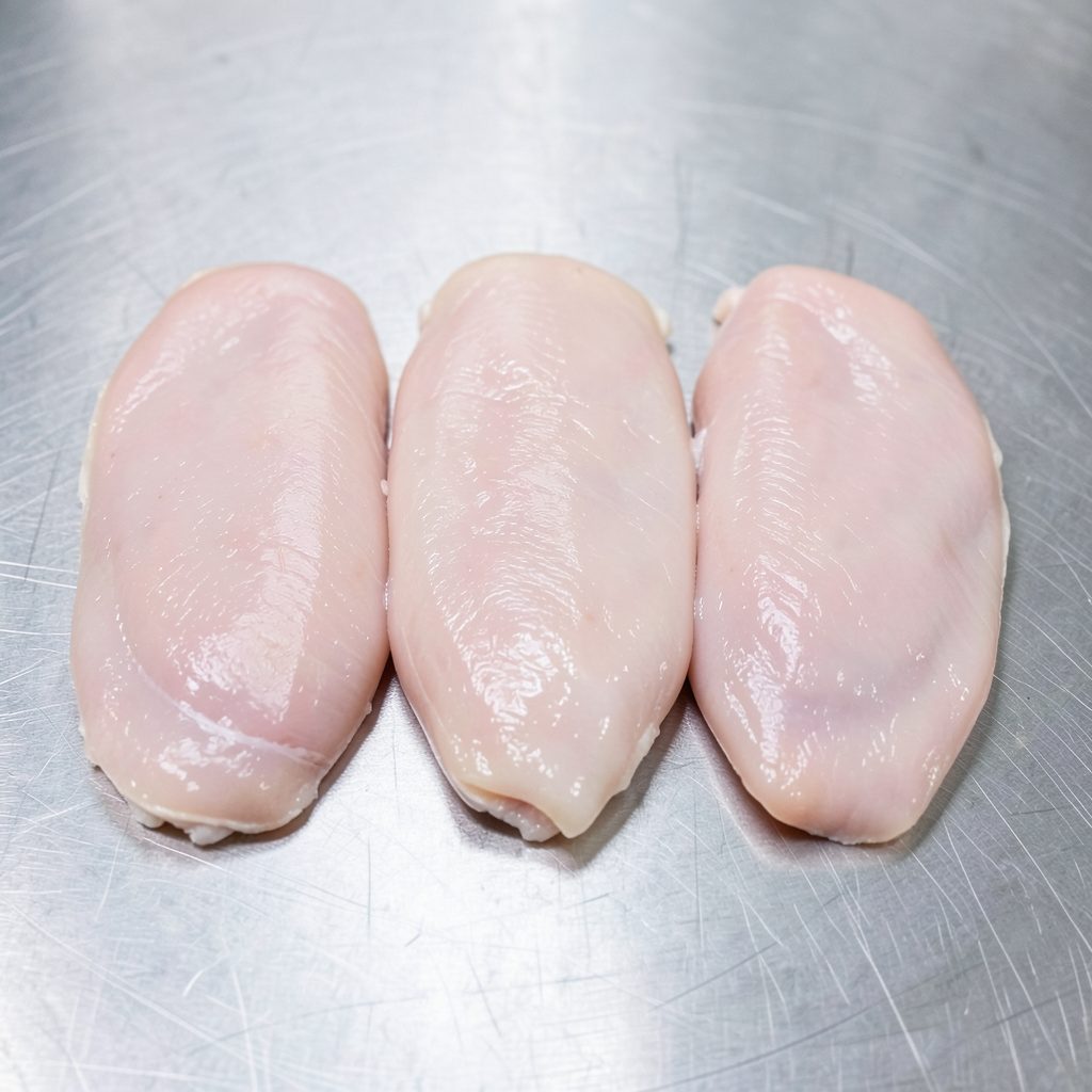 Boneless skinless chicken breast fillets arranged in a row on a chilled stainless steel surface