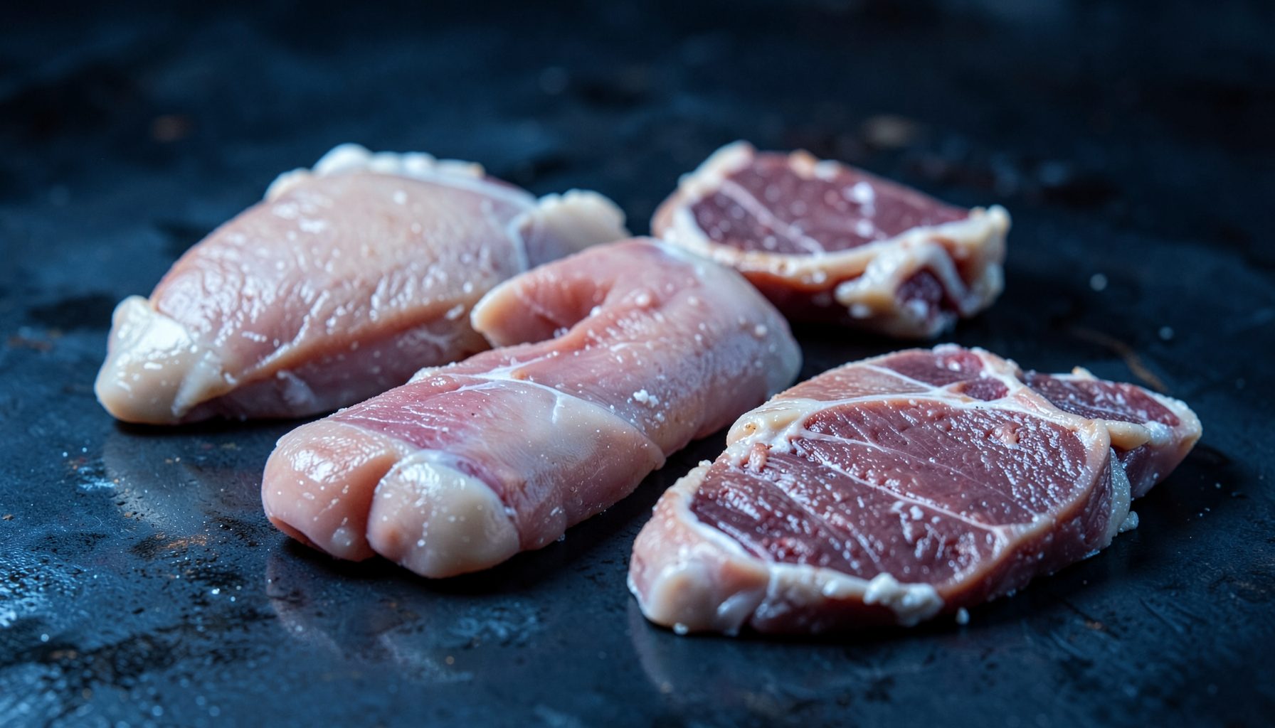 Frozen chicken and beef cuts arranged on a dark industrial surface, cool blue tones with subtle warm highlights