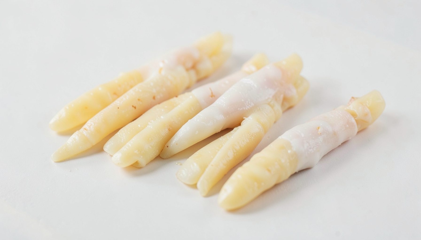 Frozen chicken feet arranged on a clean light surface, pale yellow and white tones