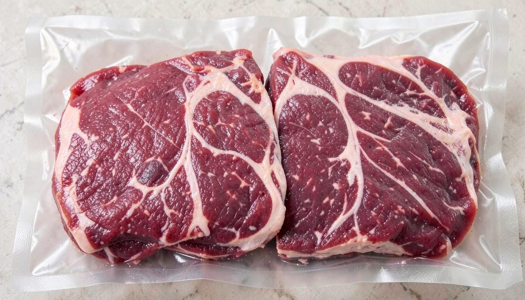 Frozen beef limb cuts packed in clear vacuum-sealed packaging, deep red meat with white fat marbling