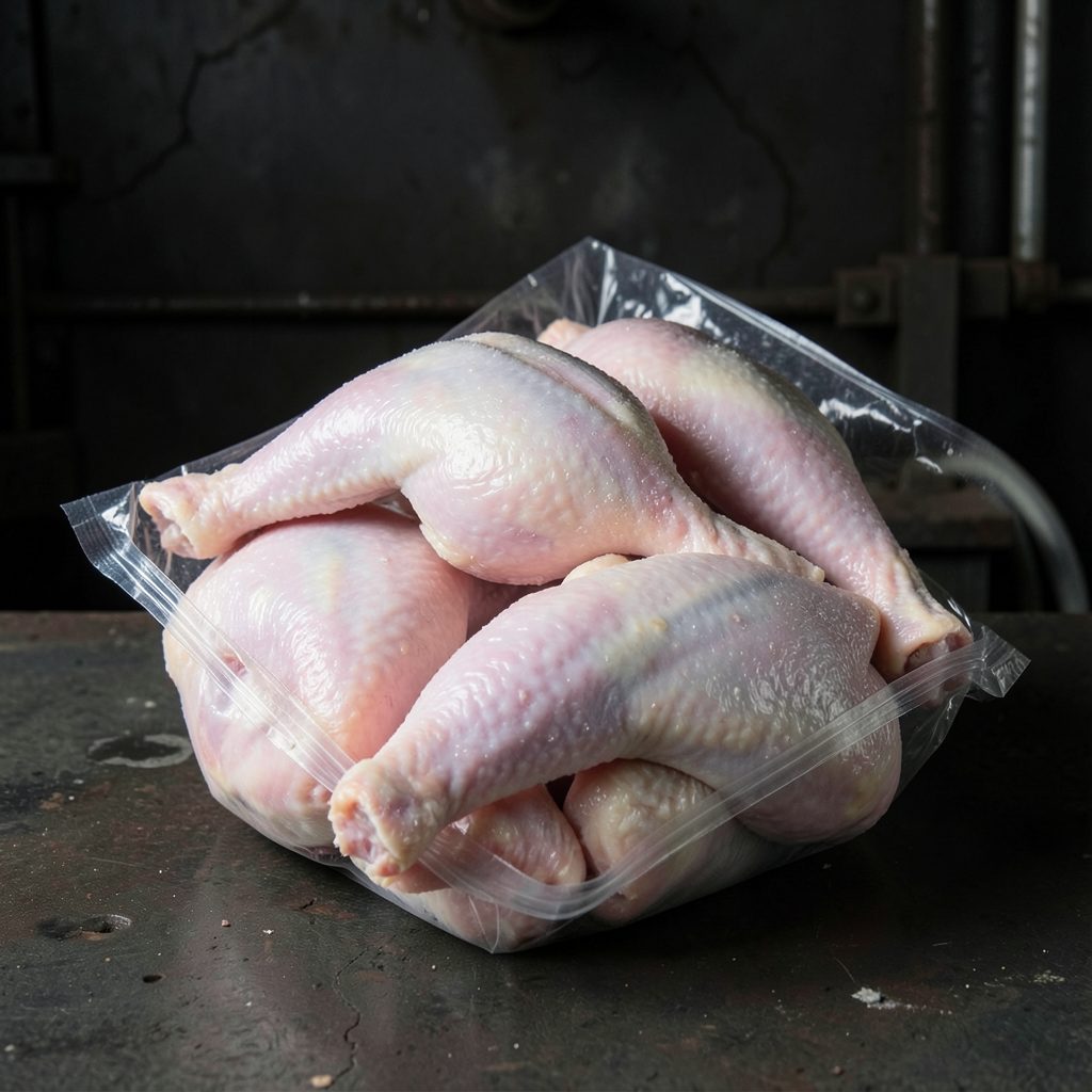 Frozen chicken three-joint wings in bulk packaging, pale pink and white tones against dark industrial backdrop
