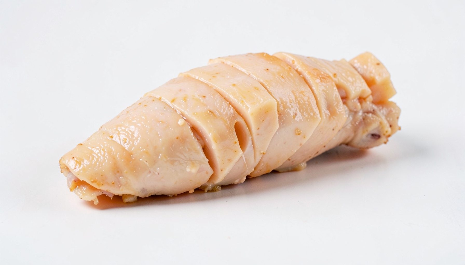 Boneless chicken thigh kakugiri cut, uniform cubes on a light background