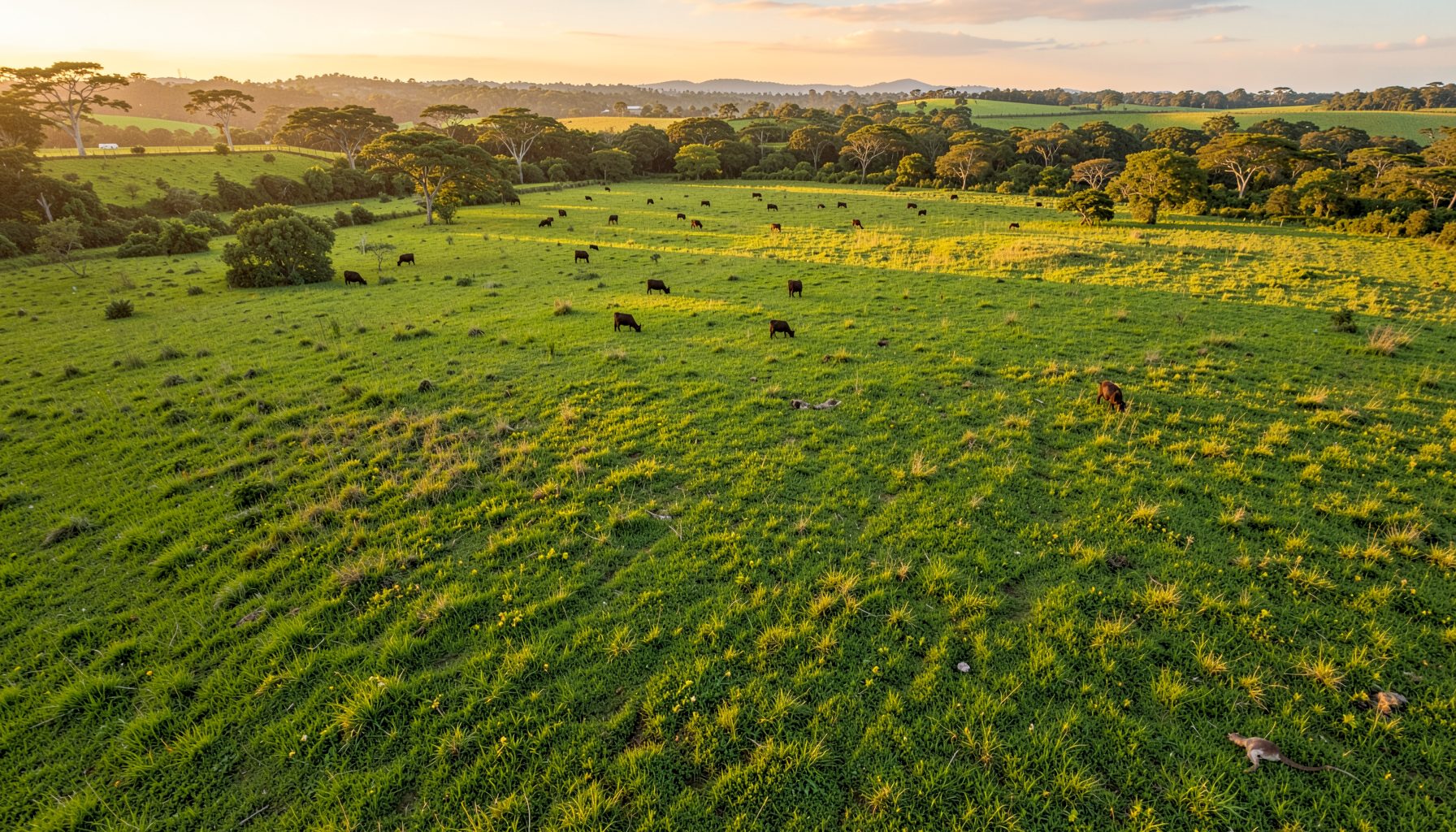 Wide aerial view of green Brazilian pastureland at golden hour with scattered cattle, conveying natural abundance and agricultural heritage