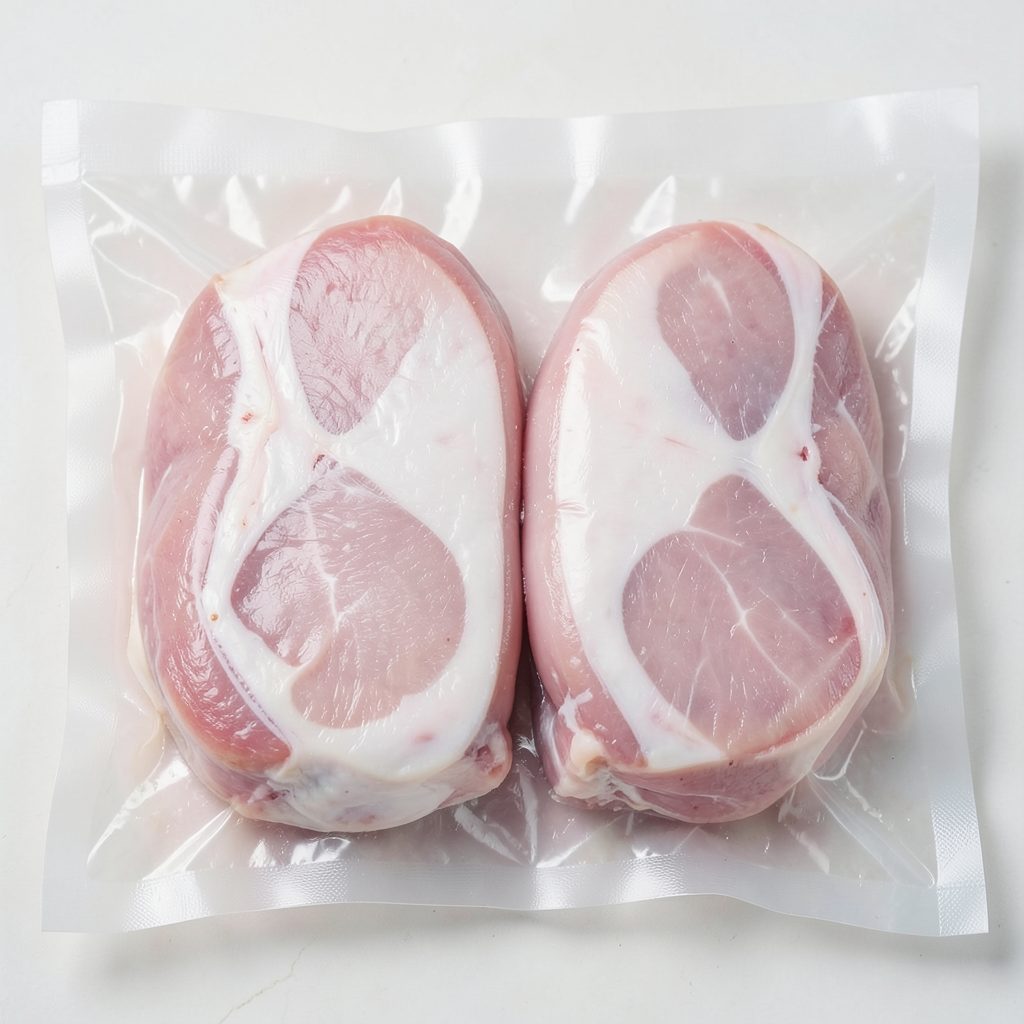 Frozen pork cuts in vacuum-sealed packaging, pale pink and white tones
