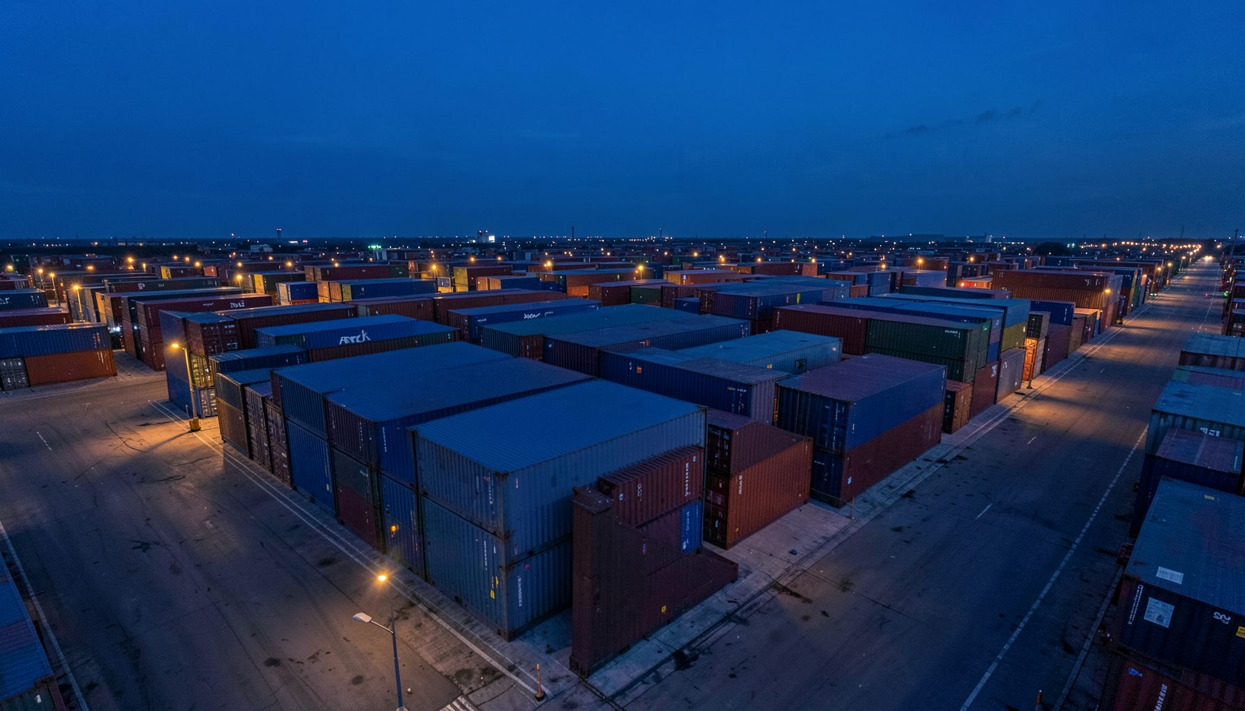 Wide aerial view of modern port shipping containers at dusk, deep blue sky with warm amber cargo lights
