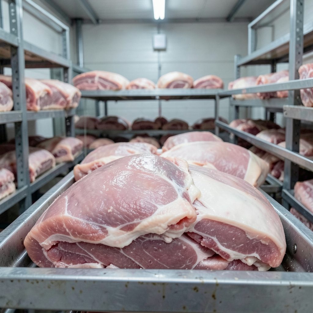 Bulk frozen pork in cold storage, muted whites and pale pinks under industrial lighting