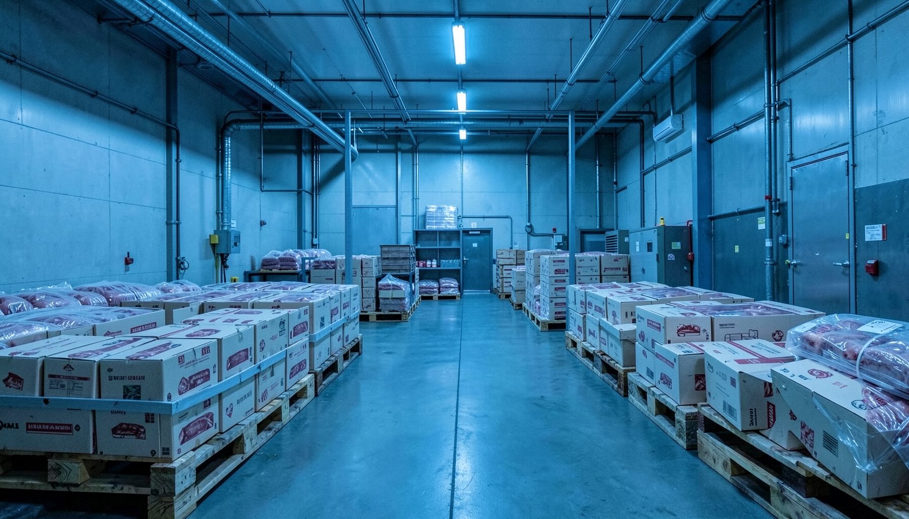 Modern industrial cold-storage facility interior with pallets of boxed frozen meat products under cool blue-toned lighting
