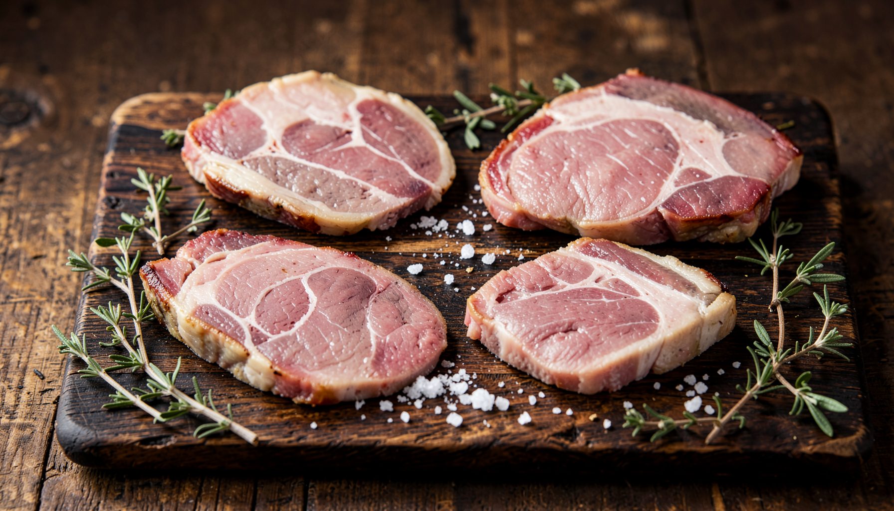 Four pork cuts arranged on a dark wooden board with herbs and coarse salt, warm earthy tones