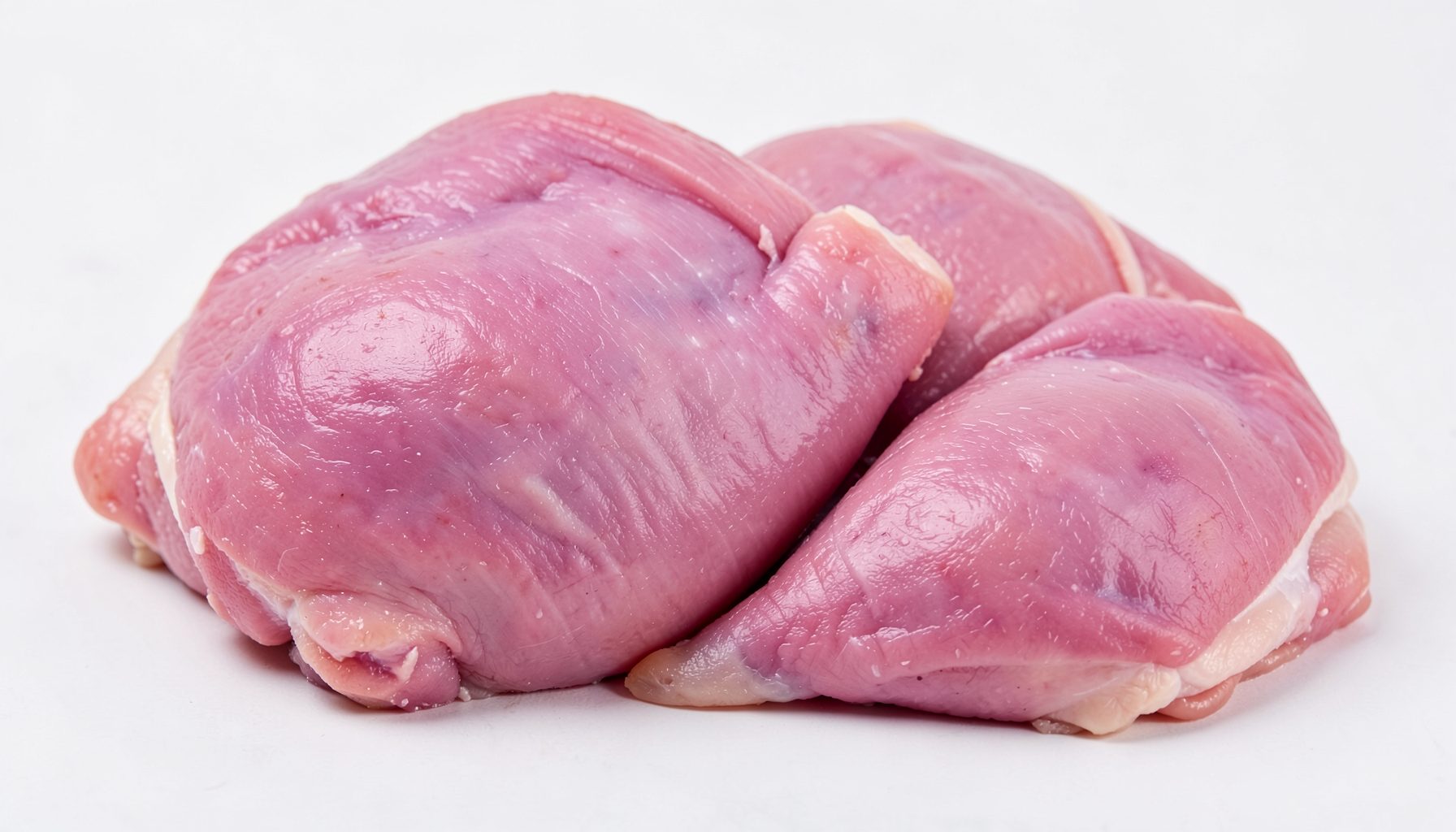Boneless skinless chicken thighs, deep pink, neatly layered