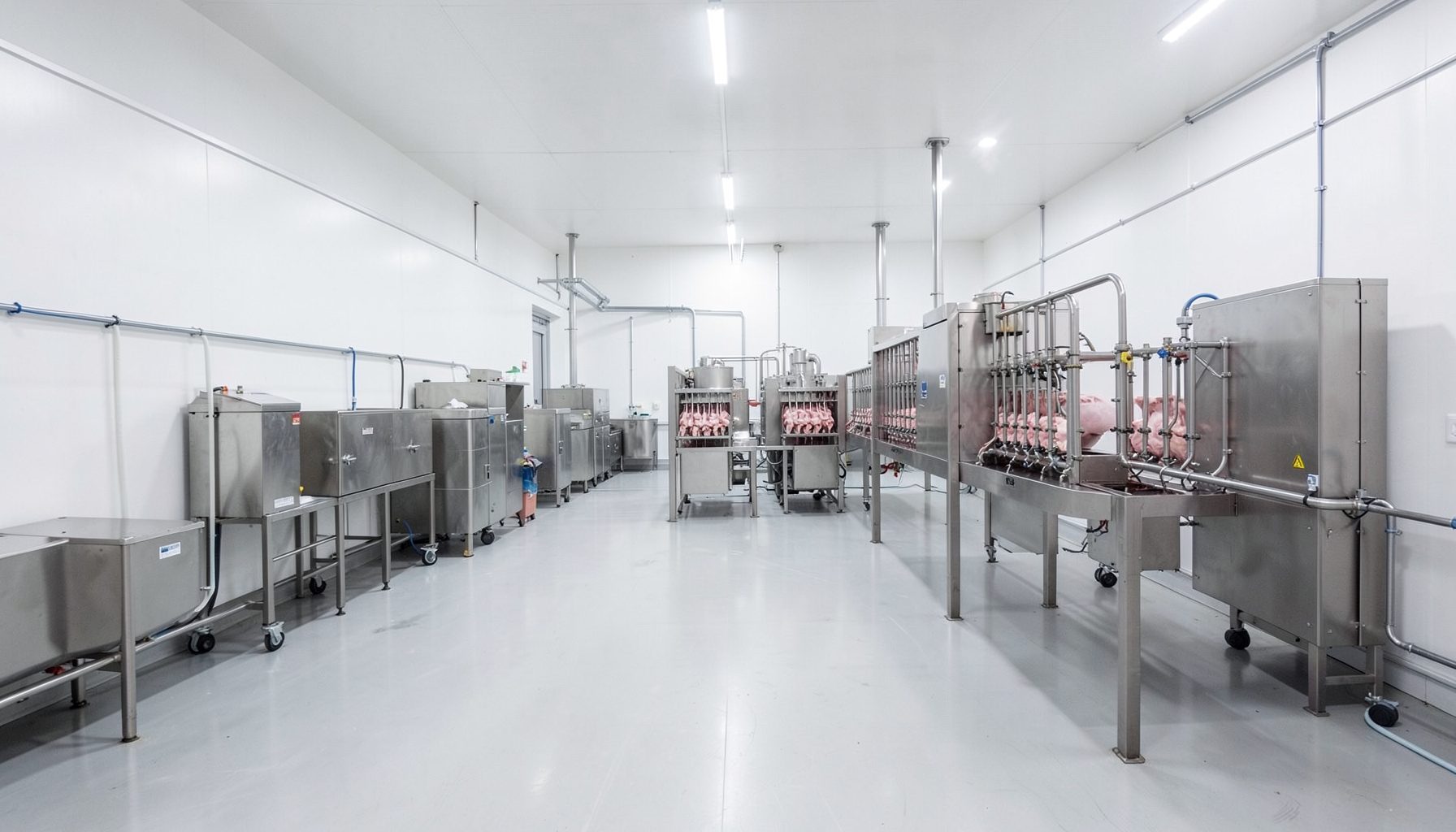 Wide view of a modern Brazilian pork processing facility, clean white walls and stainless steel equipment