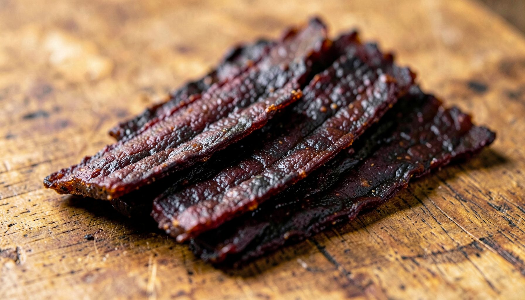 Dark rustic beef jerky strips arranged on a wooden surface, warm brown and deep red tones