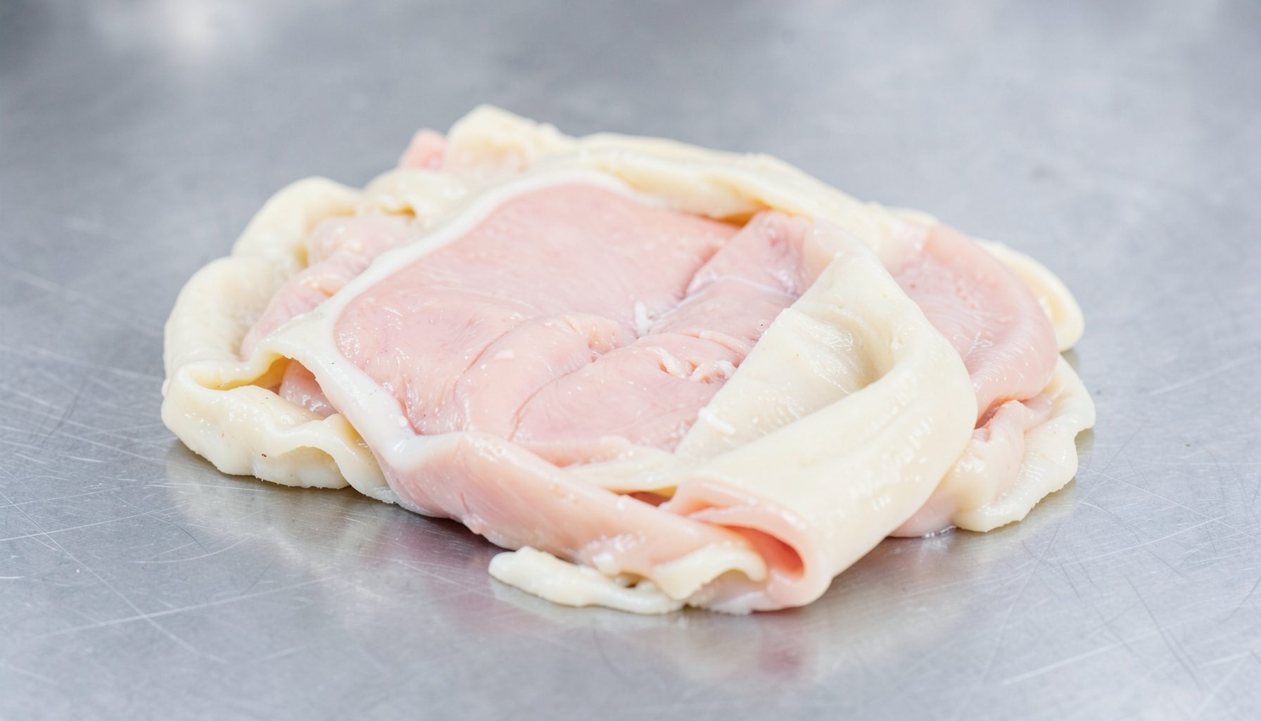 Fresh omasum tripe on a clean stainless steel surface, pale cream and soft pink hues