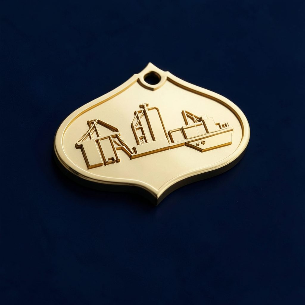Global shipping and logistics icon in gold and navy