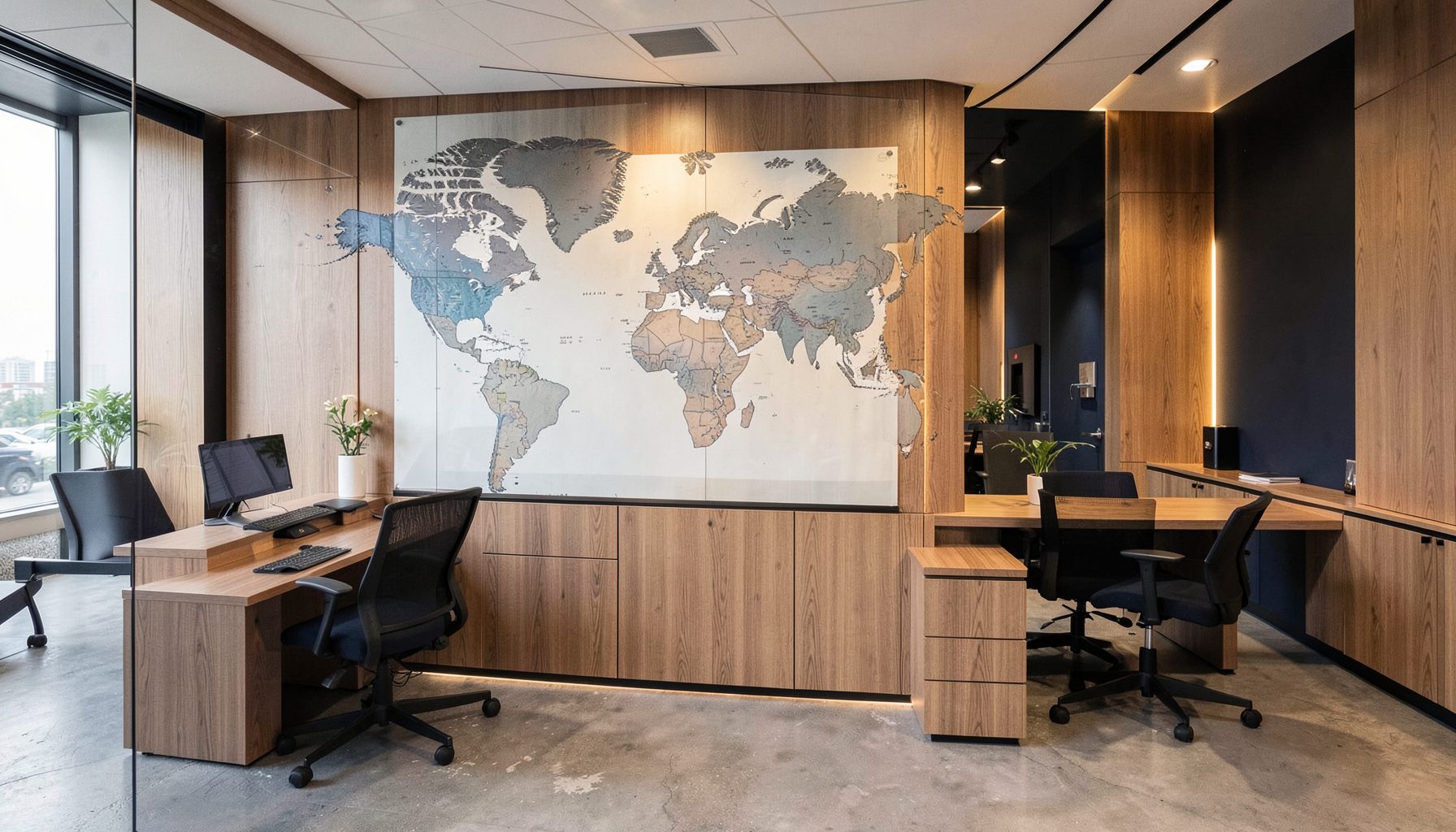 Modern office interior with world map on wall, warm wood tones and navy accents, professional trade atmosphere