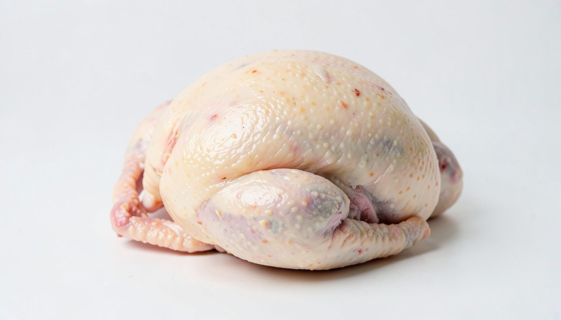 Whole frozen griller chicken, plump and pale, on a clean surface