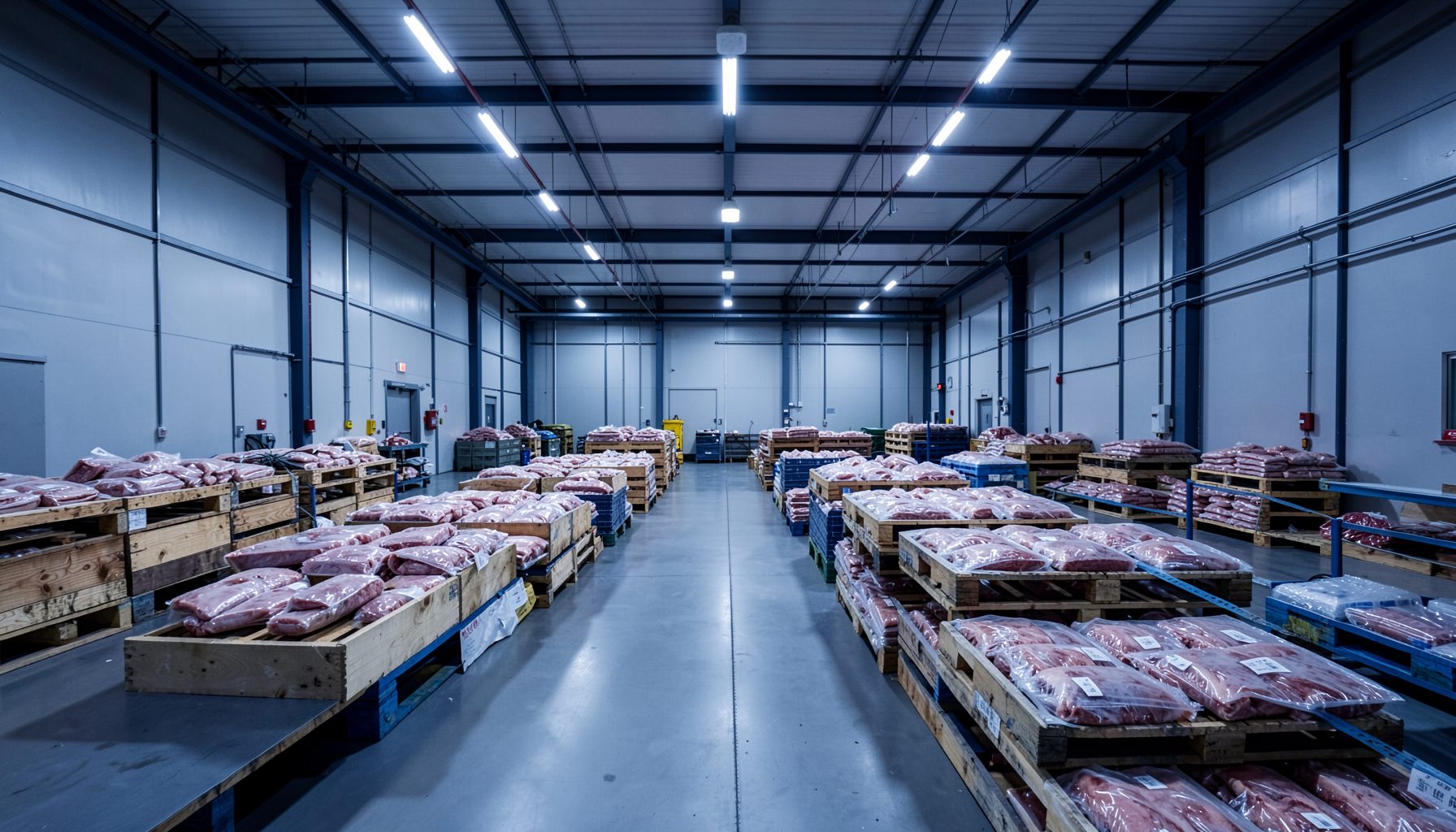 Wide-angle view of a clean industrial cold-storage facility with pallets of frozen meat products, deep navy shadows and bright overhead lighting
