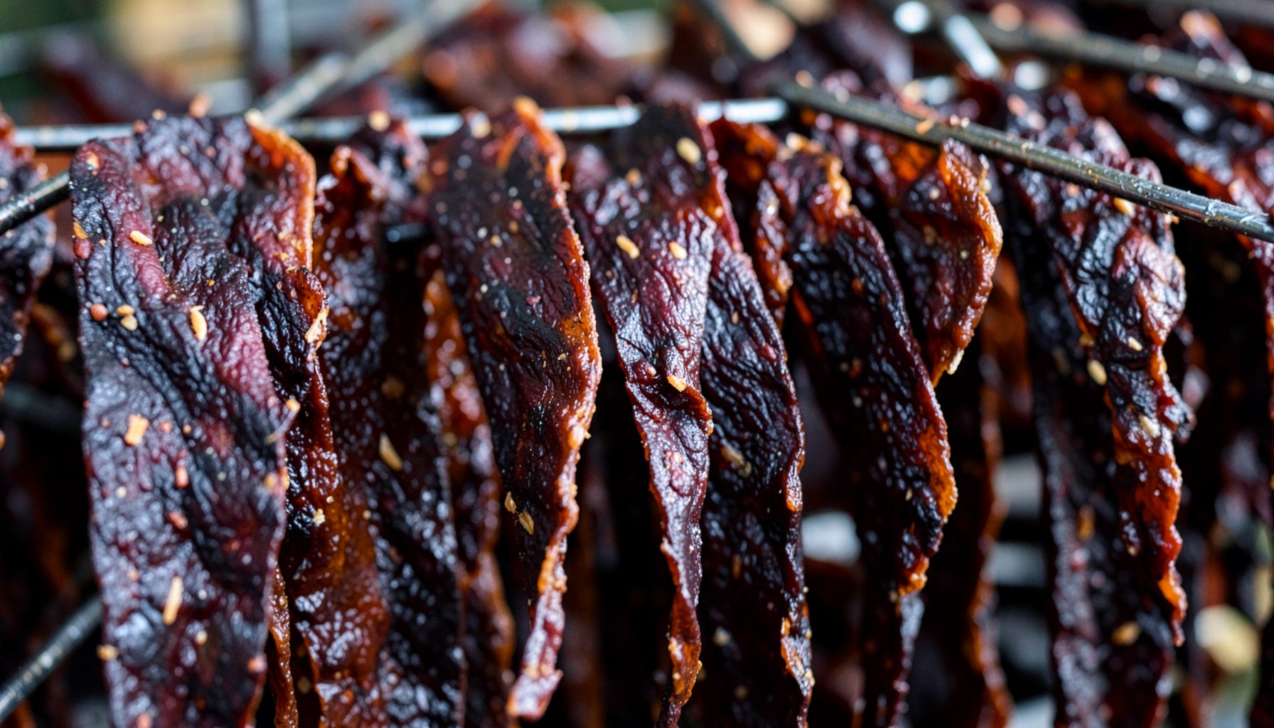 Strips of dark beef jerky drying on a rack, rich mahogany and reddish-brown hues