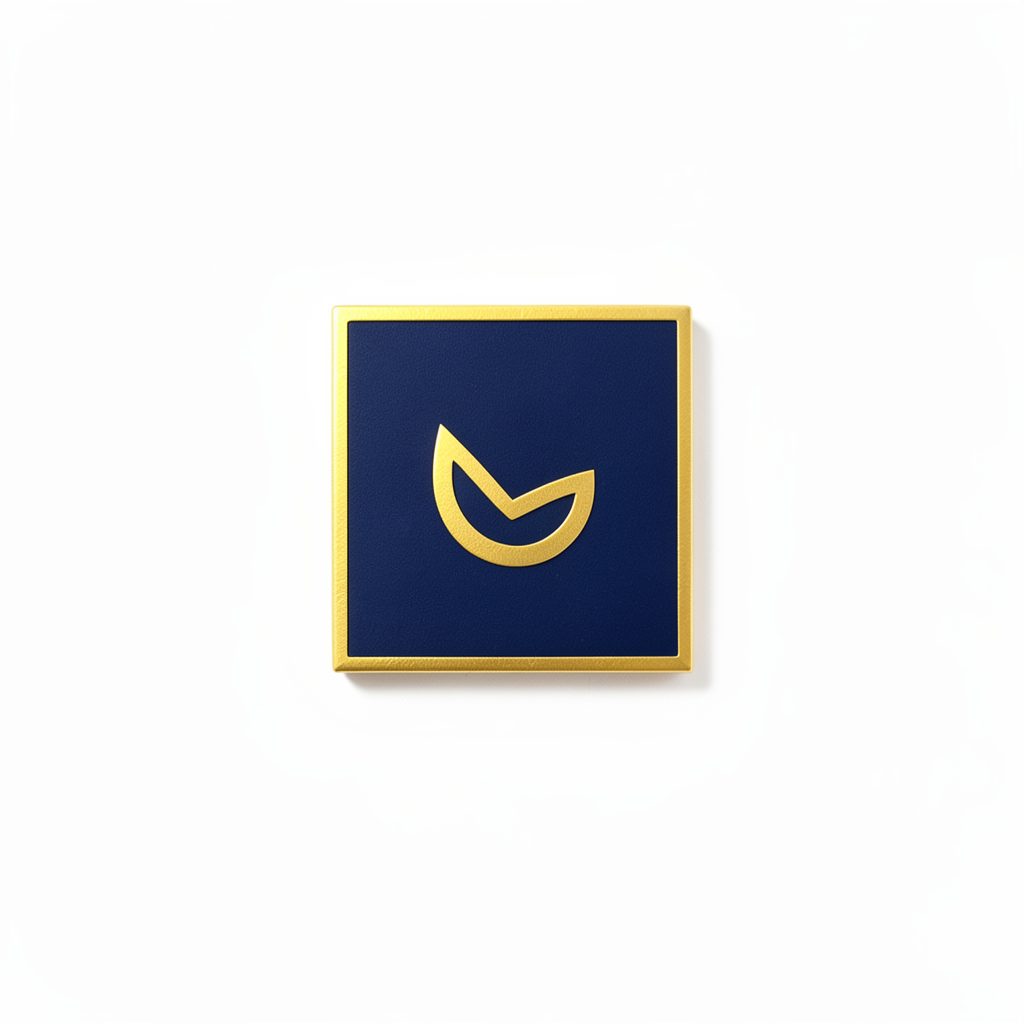 Small square logo mark in navy and gold on white background