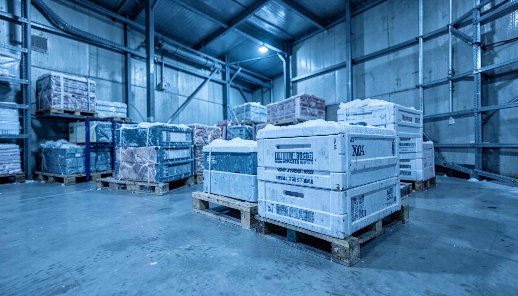 Frozen meat cartons on pallets inside a cold-storage warehouse, cool blue-white and steel grey tones