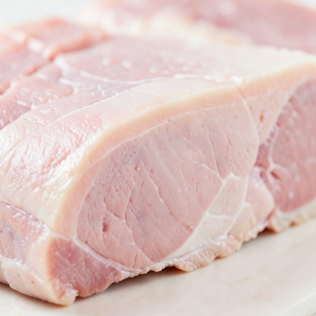 Close view of frozen pork loin, soft pink and ivory tones with a clean trimmed edge