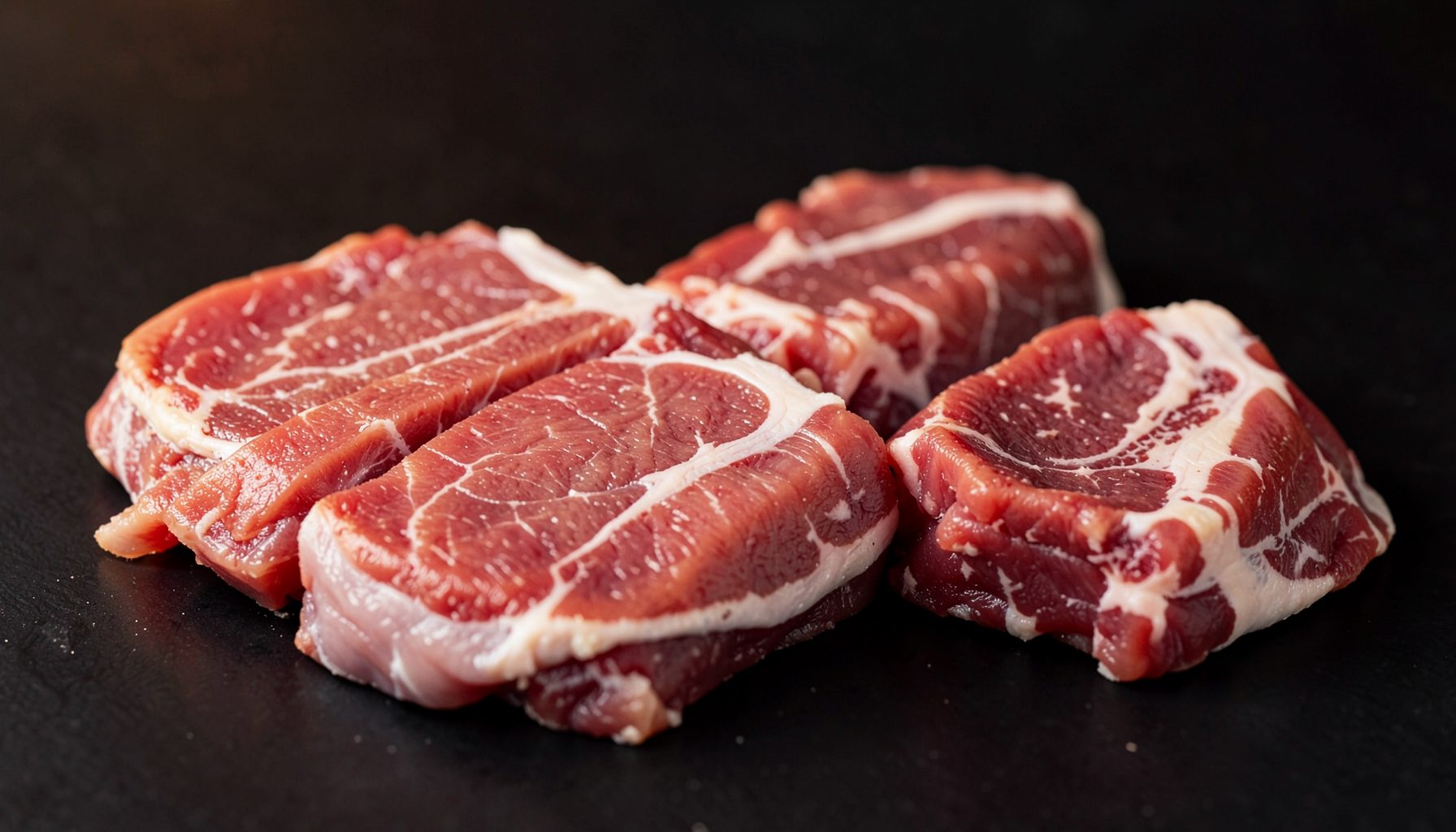 Fresh pork cuts arranged on a dark surface with subtle warm lighting, deep reds and creams
