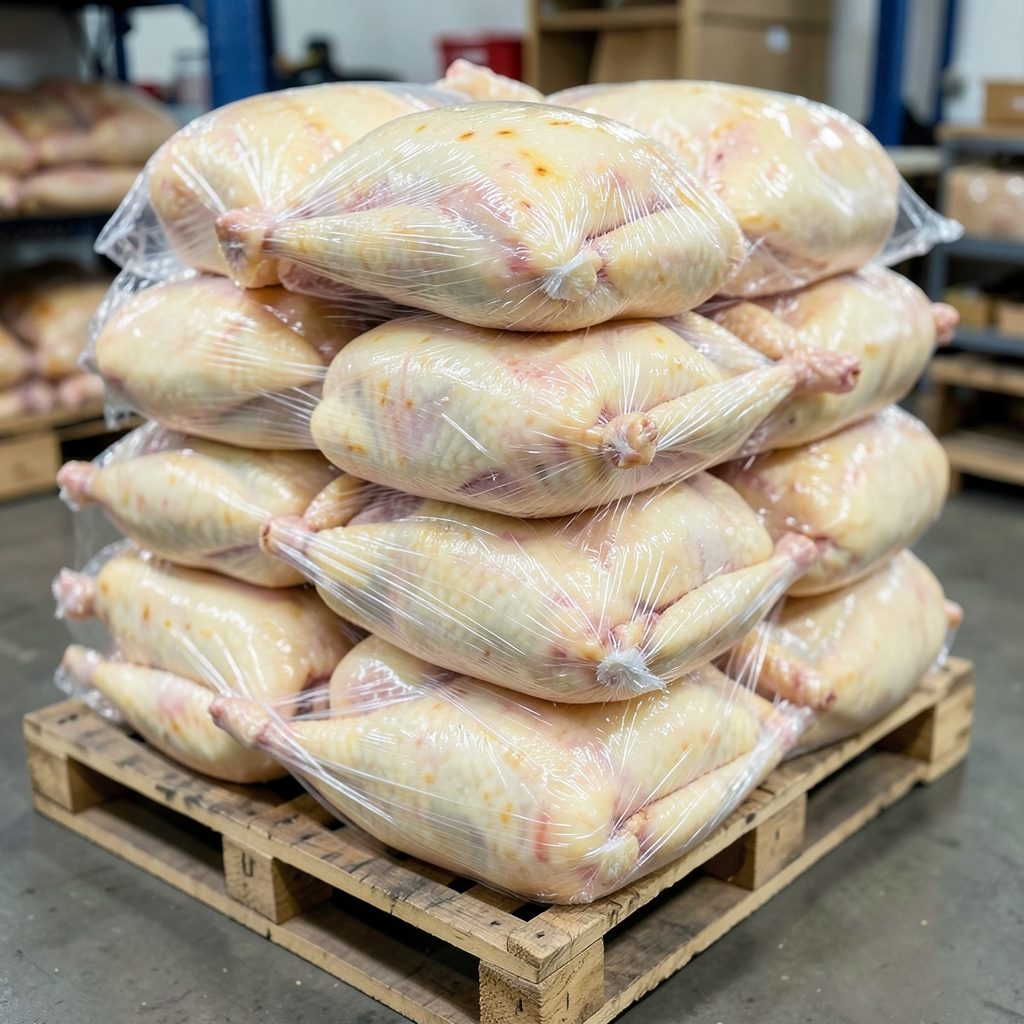 Whole frozen griller chickens wrapped in clear plastic, uniform golden-white skin, stacked on pallets