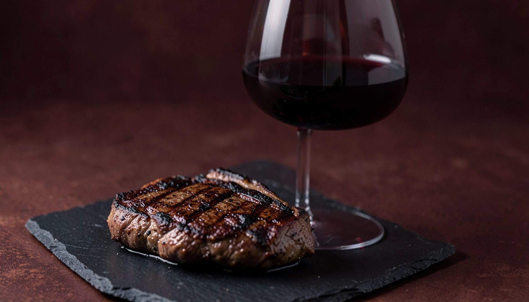 A glass of red wine beside a grilled steak on a slate plate, deep burgundy and charred brown tones