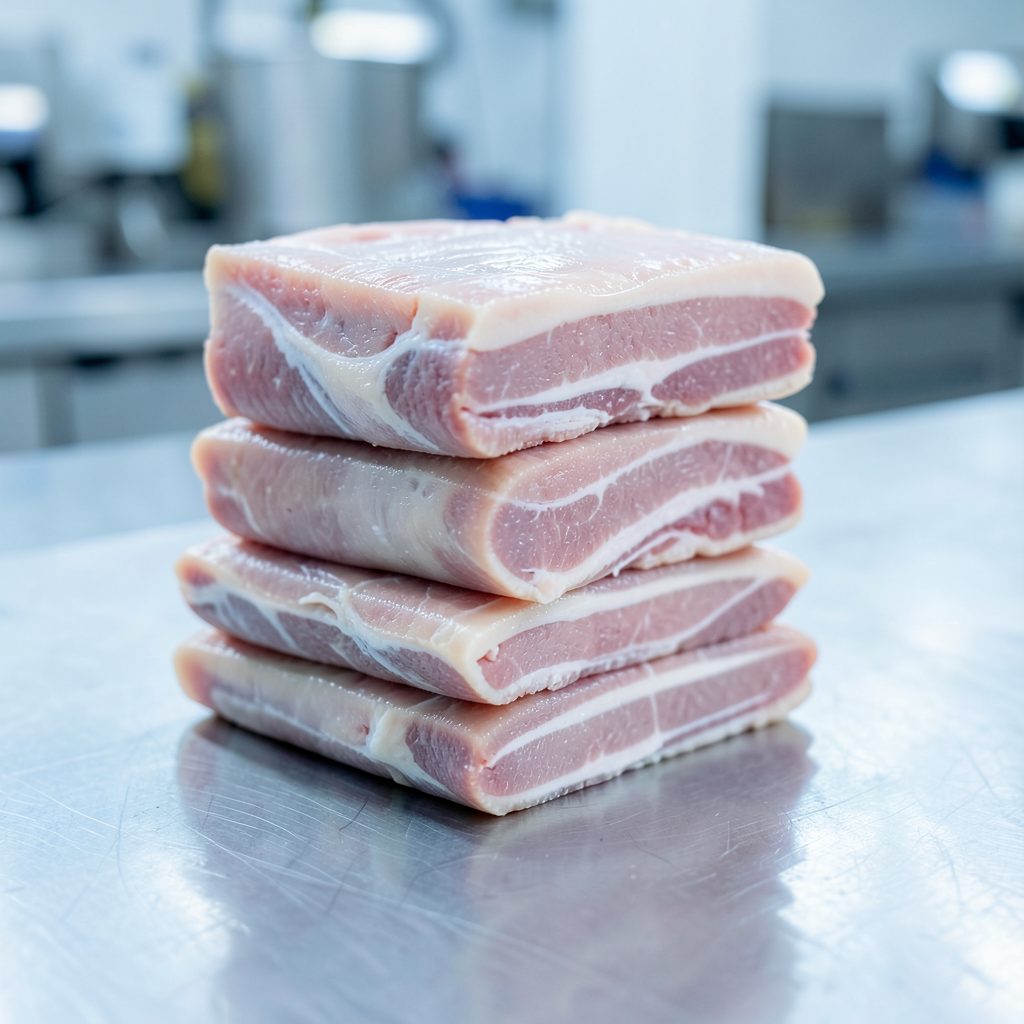 Stacked frozen pork portions on a clean industrial surface, soft cool lighting