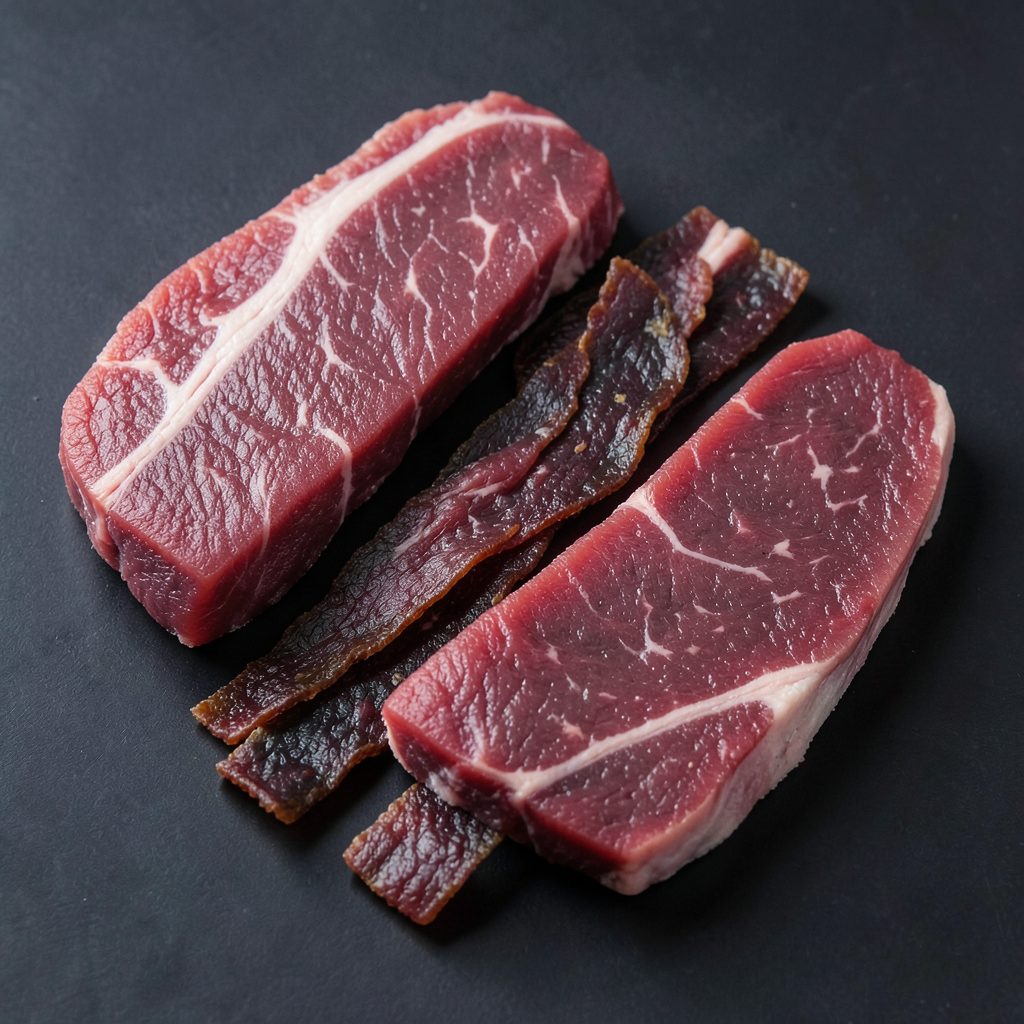Frozen beef cuts including jerky strips and omasum, deep red marbled meat on a dark surface