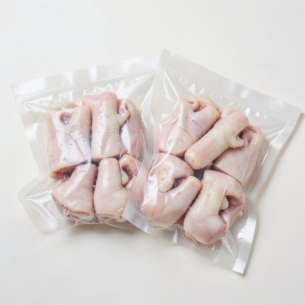Frozen chicken feet and paws neatly packed in clear vacuum-sealed bags on a light background