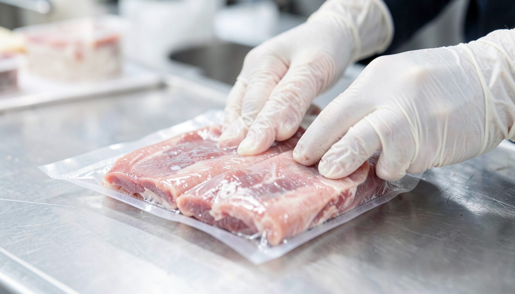 Close-up of gloved hands inspecting vacuum-sealed frozen meat cuts on a stainless steel table under bright clean lighting