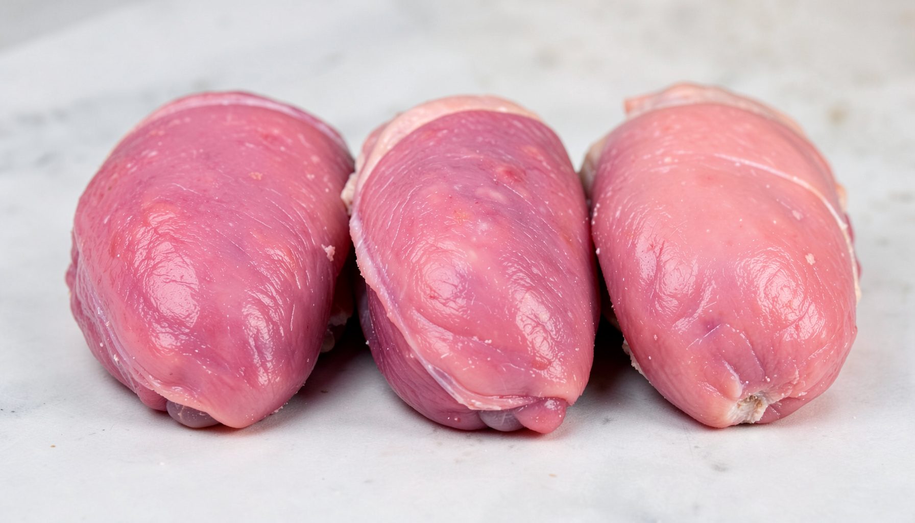 Boneless chicken thighs, deep pink and neatly trimmed, arranged in a row