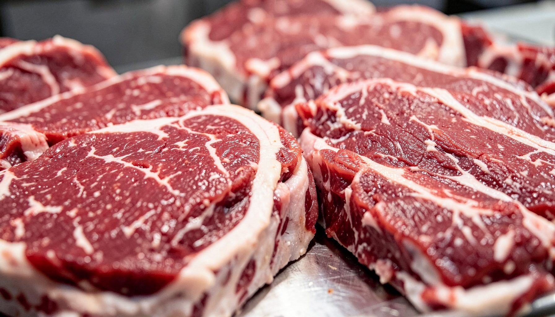 Close-up of raw premium beef cuts under bright inspection lighting, deep red with white marbling