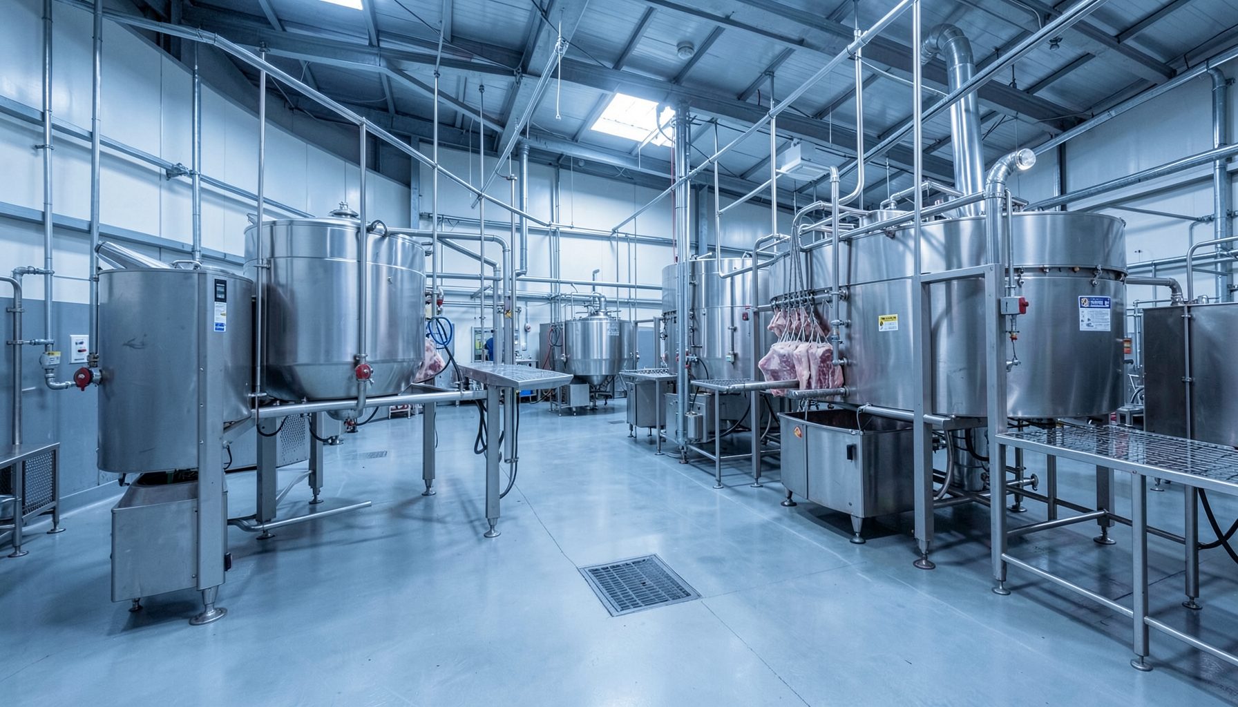 Wide view of a modern beef processing facility with stainless steel equipment, cool blue-grey and silver tones